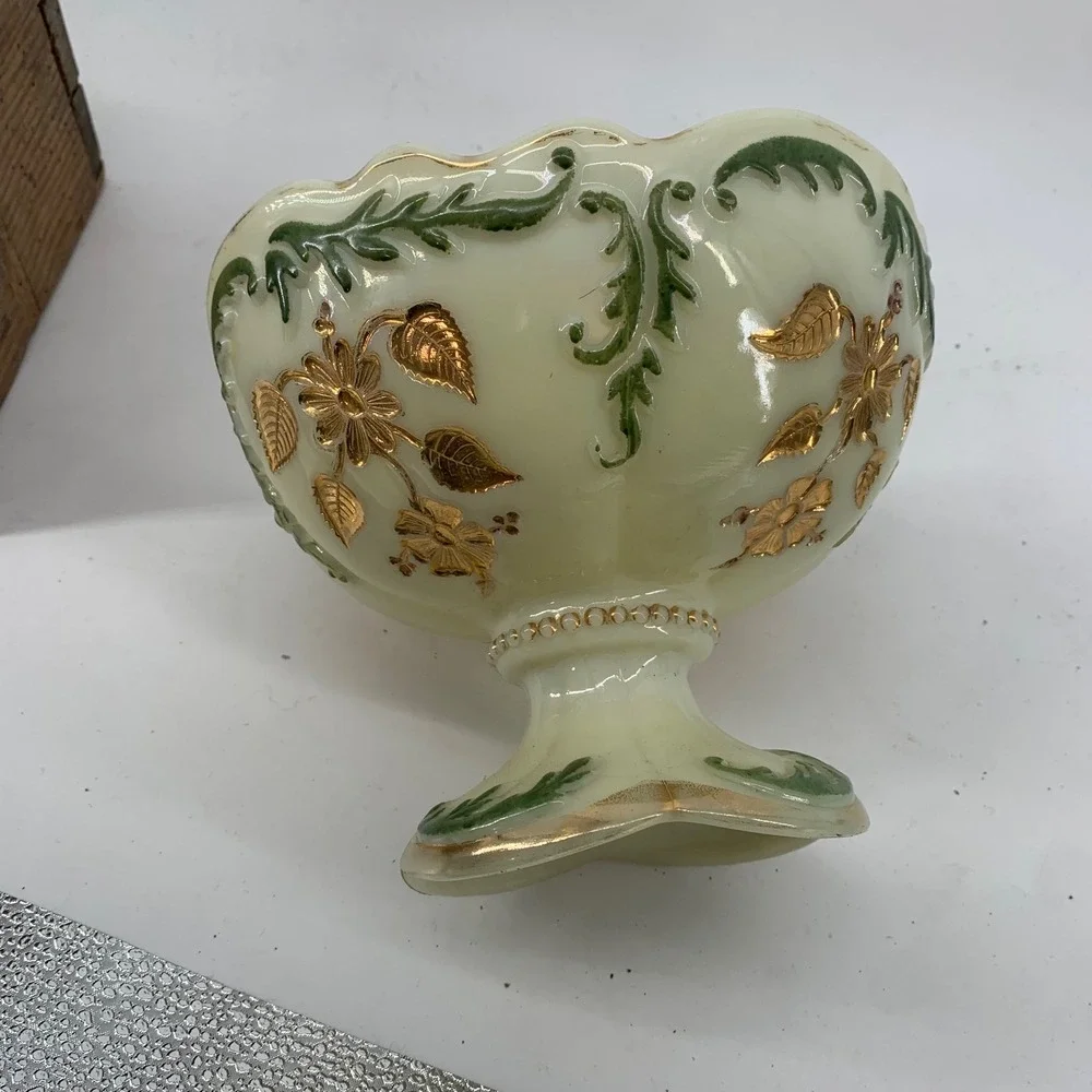 Vintage Custard Glass Pedestal Bowl Gold Floral Hand Painted Ruffled Footed Glow